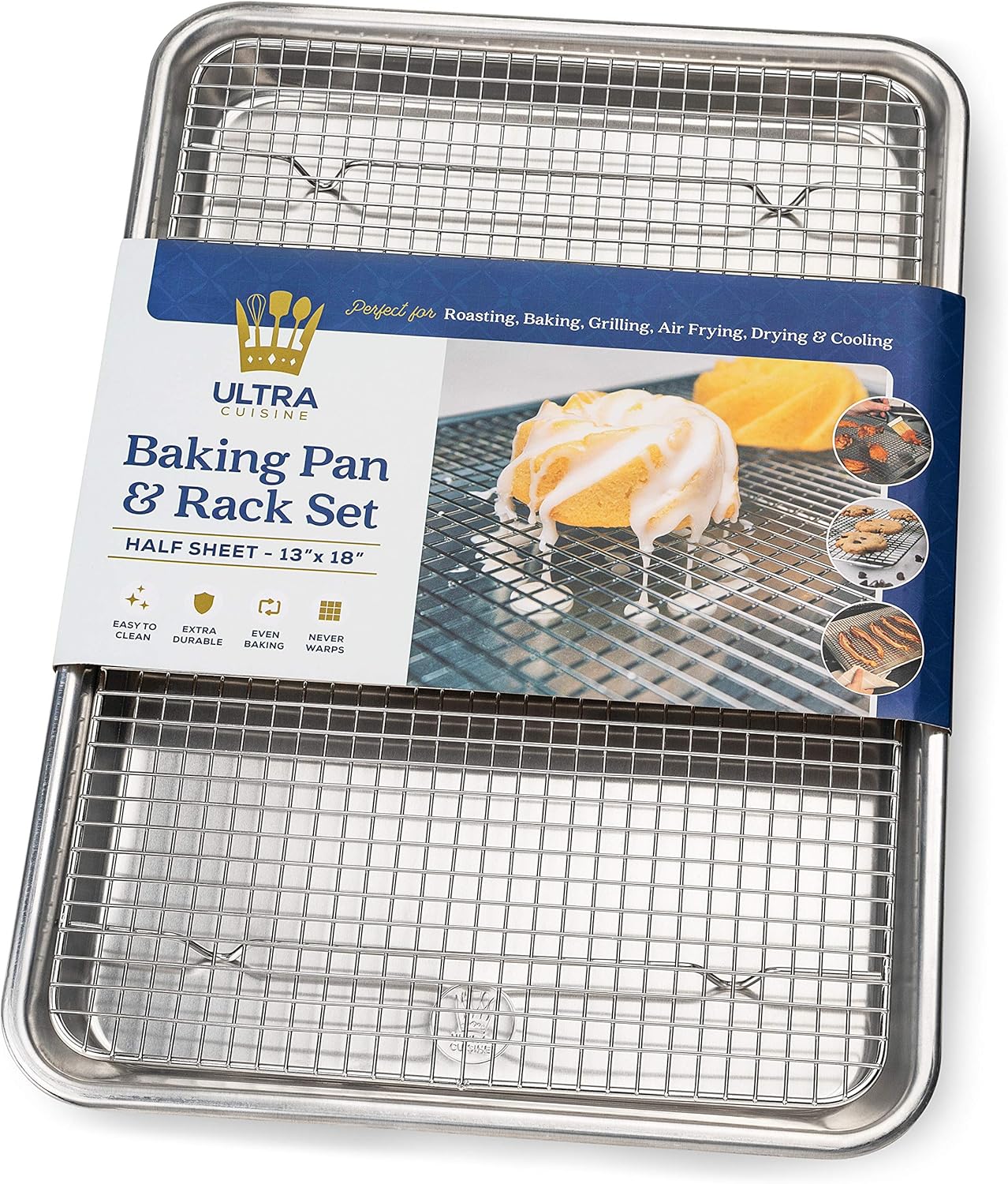 Ultra Cuisine Aluminum Baking Sheet with Stainless Steel Cooling Rack Set -Half Sheet Size Pan 13 x 18 inch, Durable Rimmed Sides, Easy Clean, Commercial Quality for Cooking and Roasting
