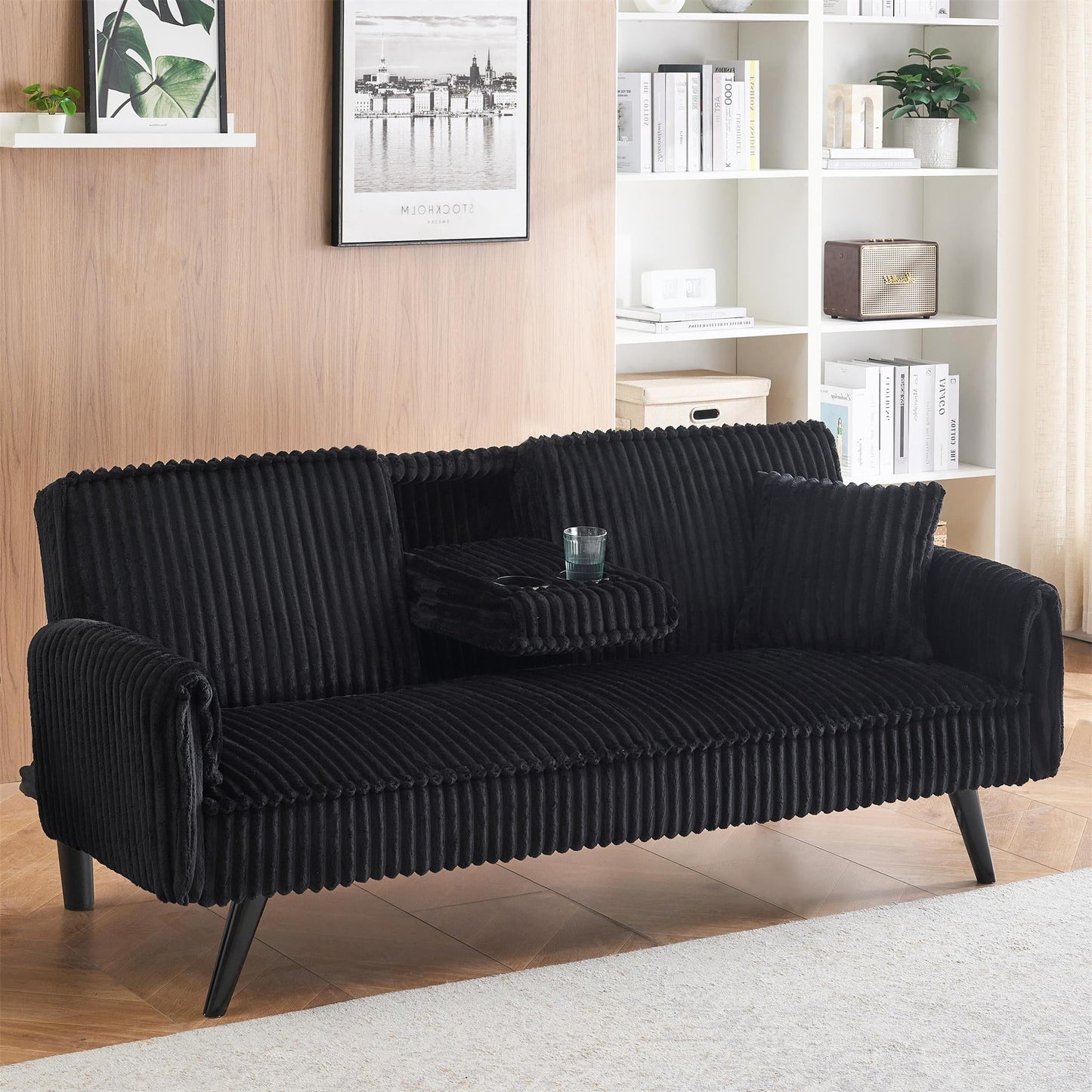 Aukfa Futon Convertible Sofa Bed, 2 Cup Holders& Pillow, Straight-line Tufted Corduroy, Black