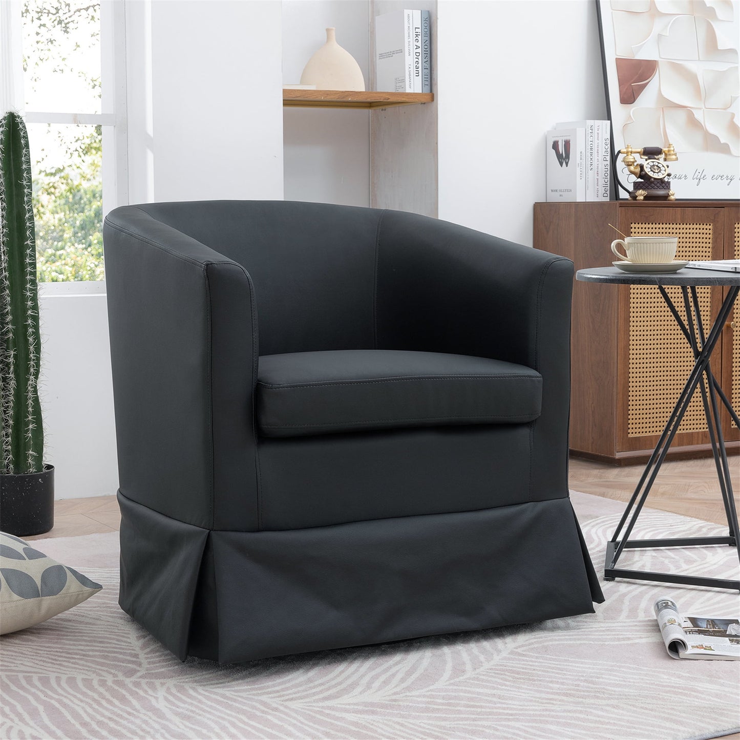 Aukfa Swivel Accent Chair, 28" Small Club Chair Read Chair for Living Room Bedroom, Leather, Black