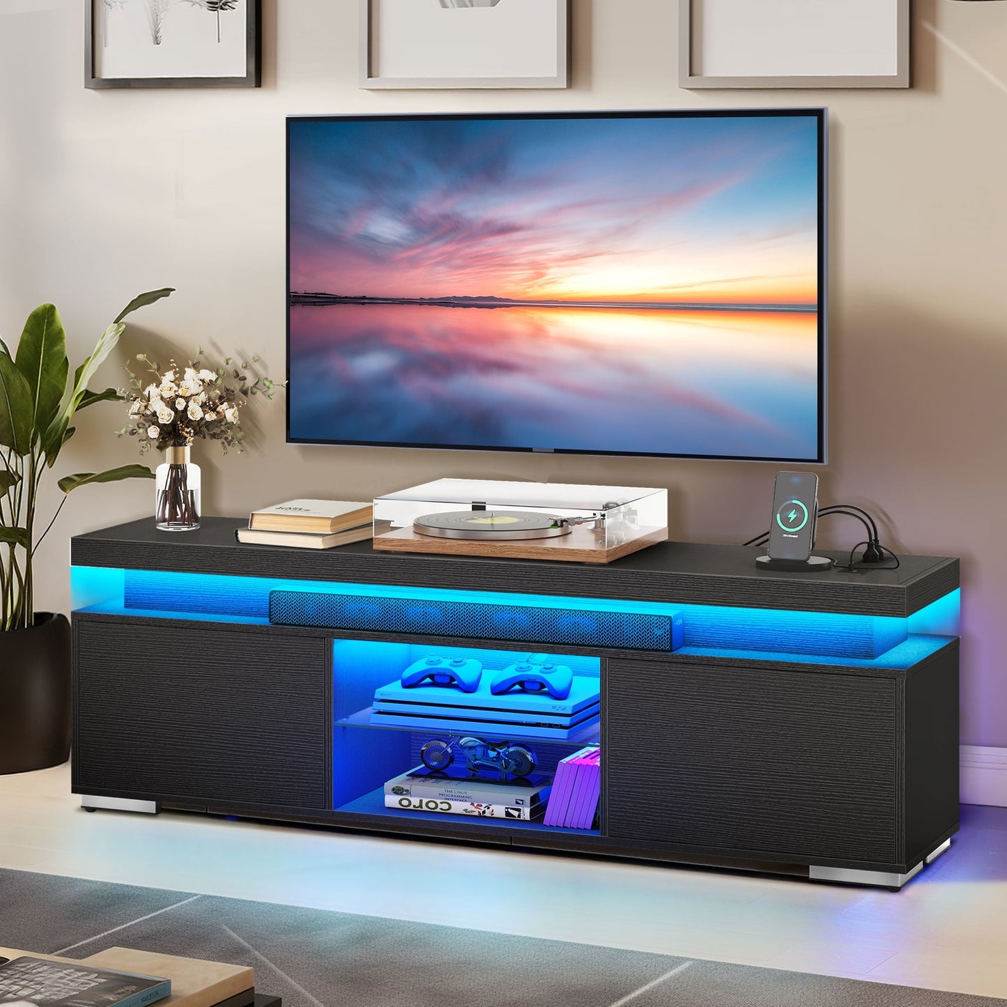 Dextrus LED TV Stand Entertainment Center with Power Outlets for 55/60/65 inch TVs, Black
