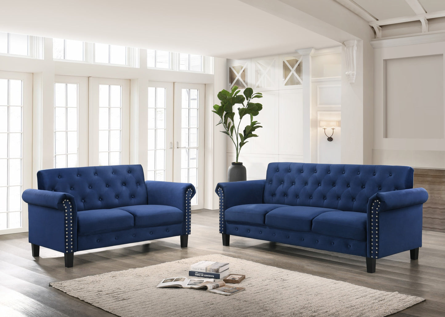 Home Design Casper Loveseat, Navy Blue Velvet Upholstery with Rolled Arms, Foam-Filled Cushions, and Silver-Tone Nailhead Trim, Modern Living Room Furniture