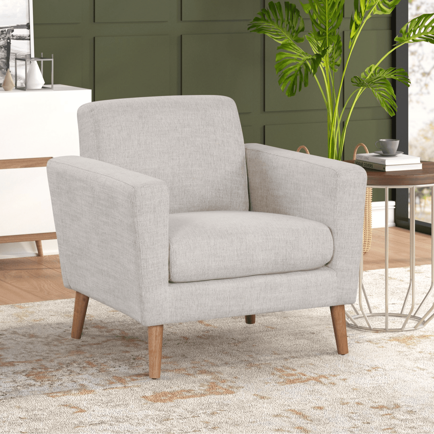 Mainstays Square Arm Accent Chair With Rubber Wood Legs, Beige Linen Fabric