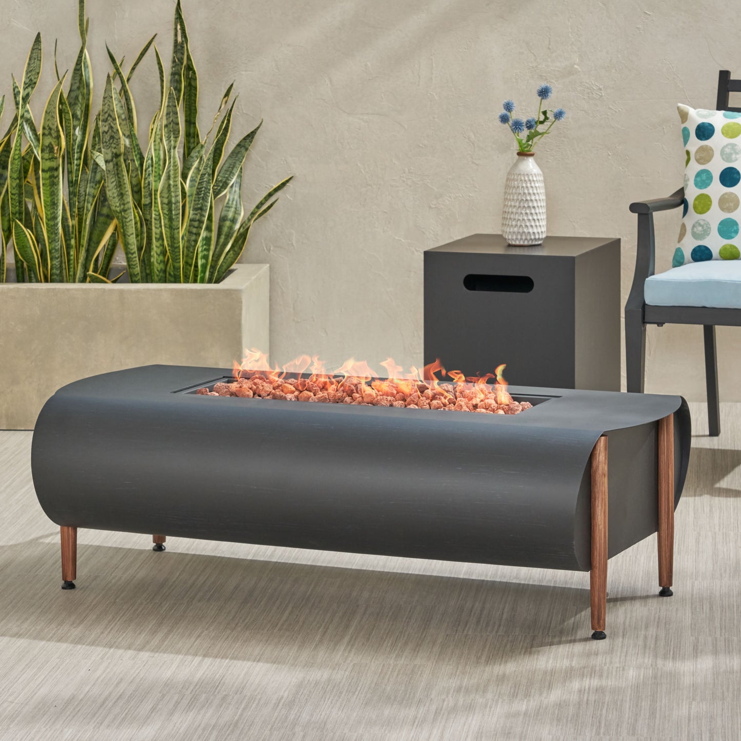 Noble House 25.5" x 50" 50000 BTU Propane Dark Gray Finish Resin, Metal and Iron Fire Pit