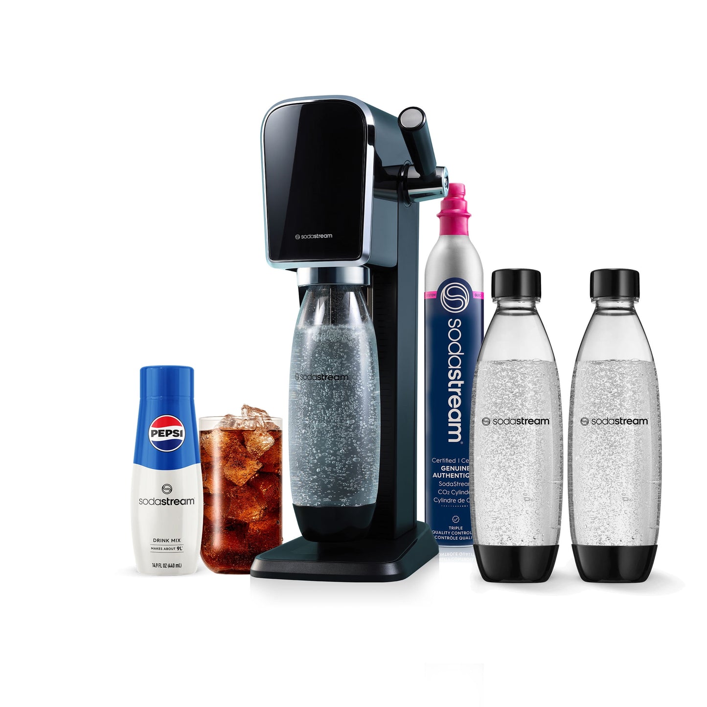 SodaStream Art (Black) Sparkling Water Maker Bundle, with CO2, DWS Bottles, and Pepsi Flavor Mix