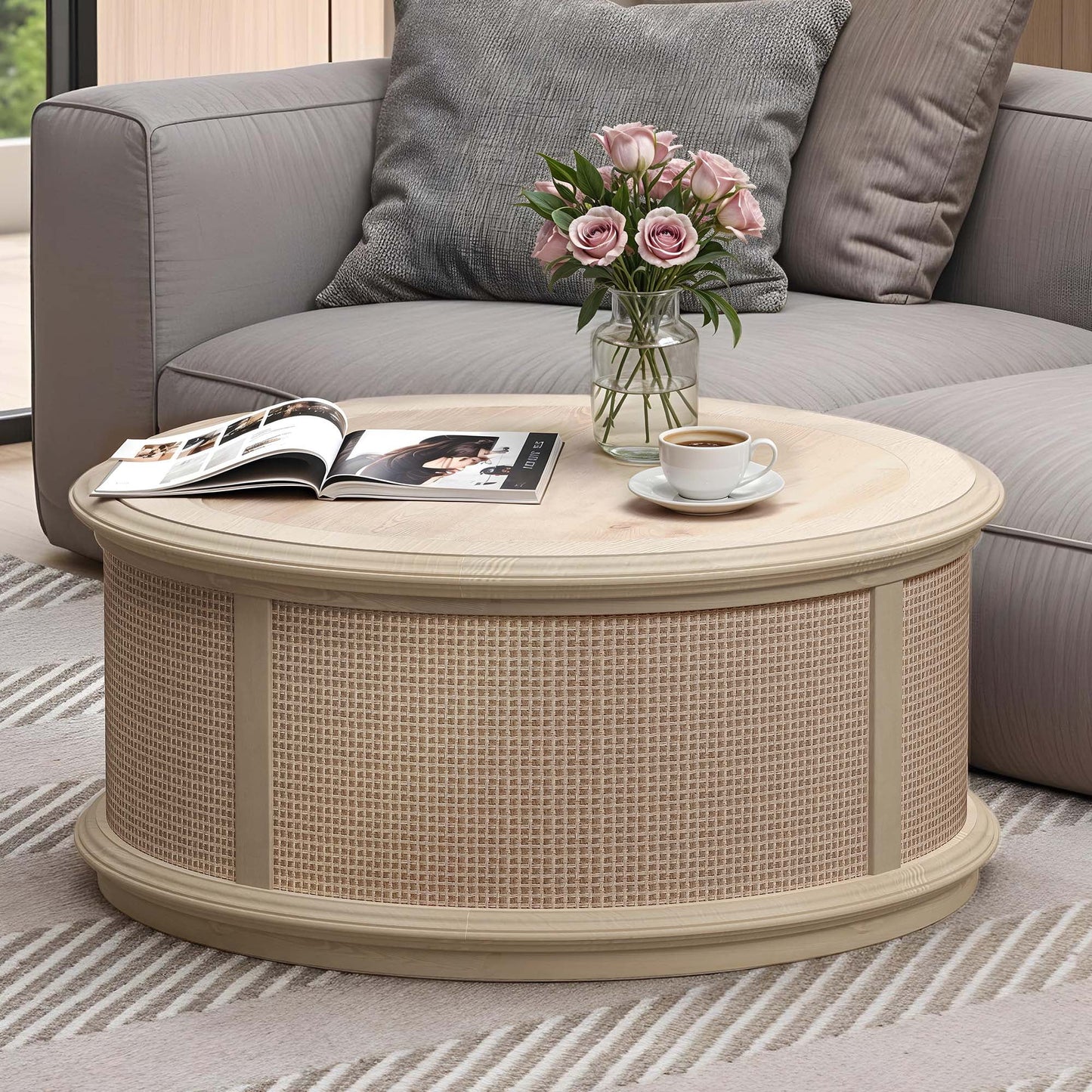 Uforic Multifunctional Round Rattan Lift-Top Coffee Table – Natural Wood Finish with Hidden Storage