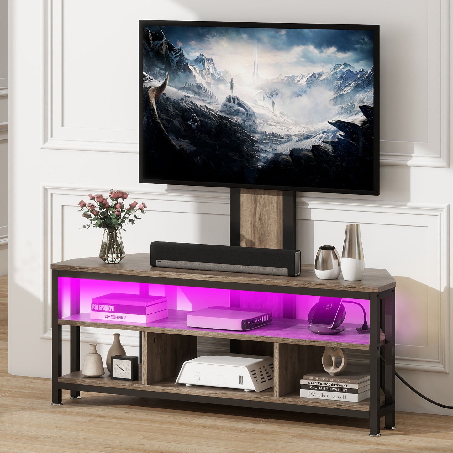 Uforic TV Stand Mount with Power Outlet, LED Entertainment Center for TVs up to 70 inches, Gray