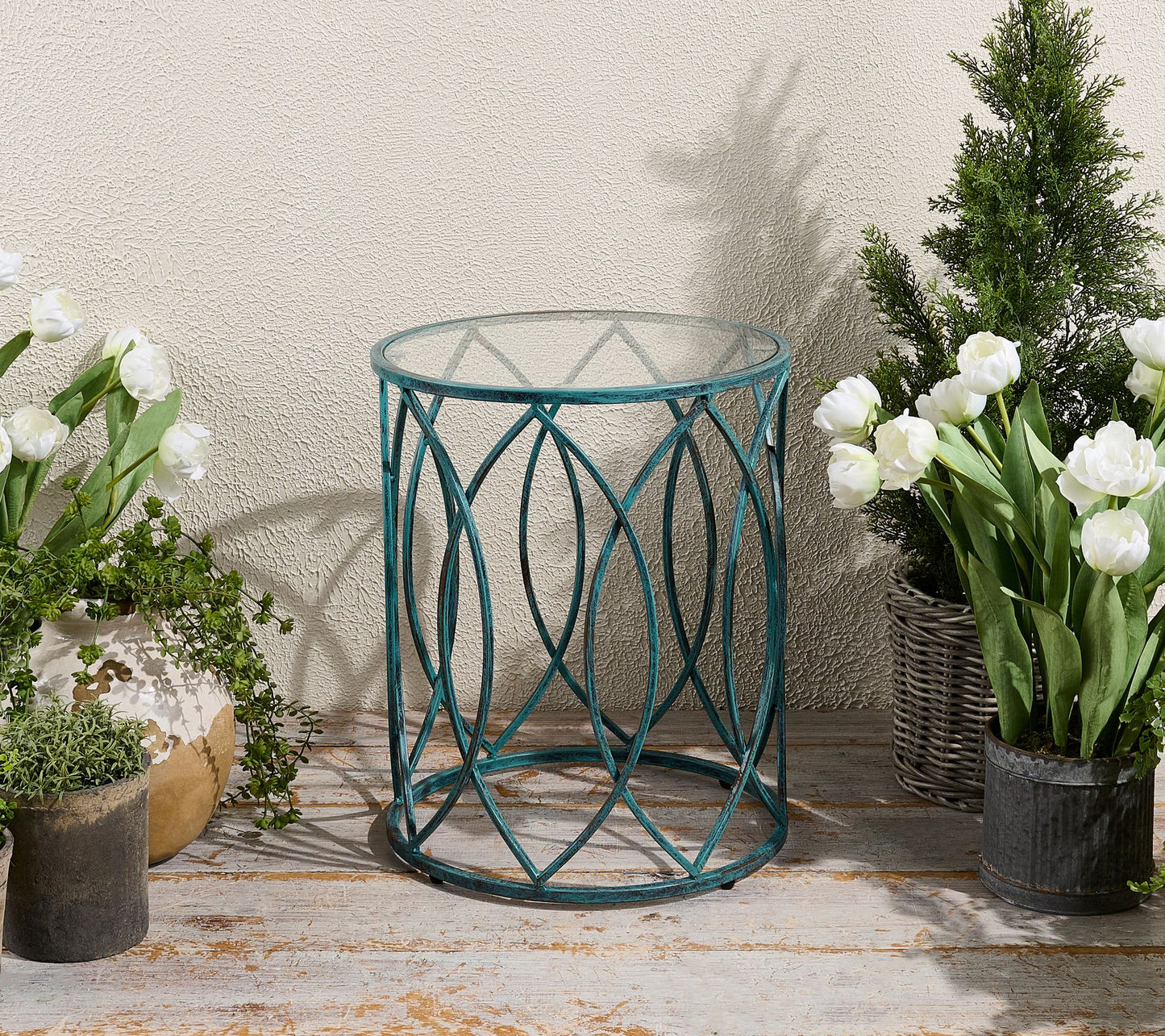 Indoor/Outdoor Round Glass and Metal Accent Table by Valerie