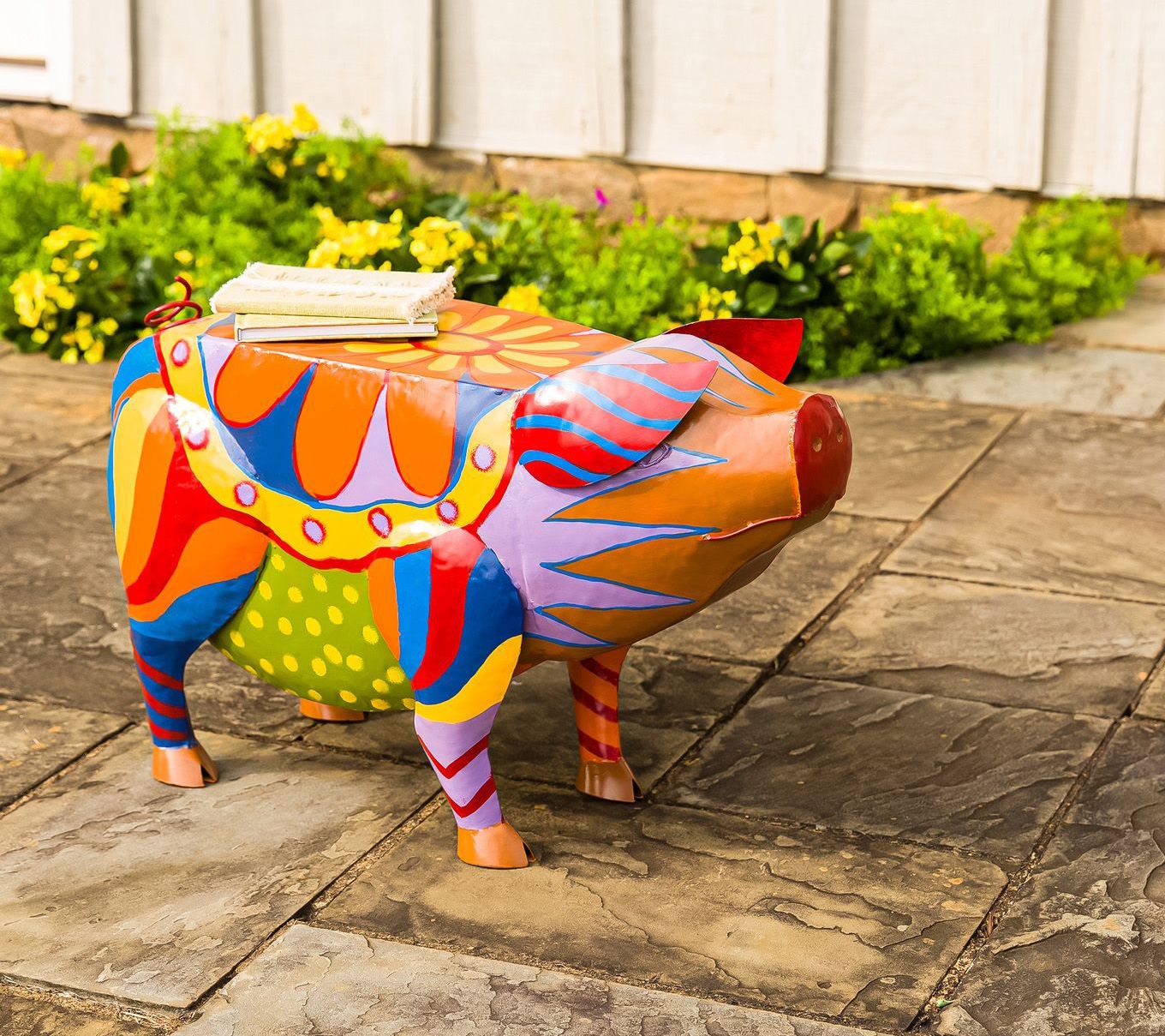Evergreen Colorful Folk Art Pig Side Table
