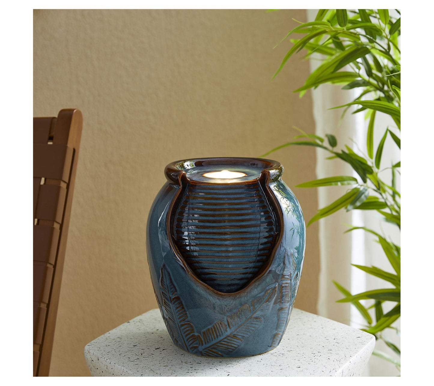 Glitzhome 9" Leaf Textured LED Ceramic Jar Tabletop Fountain