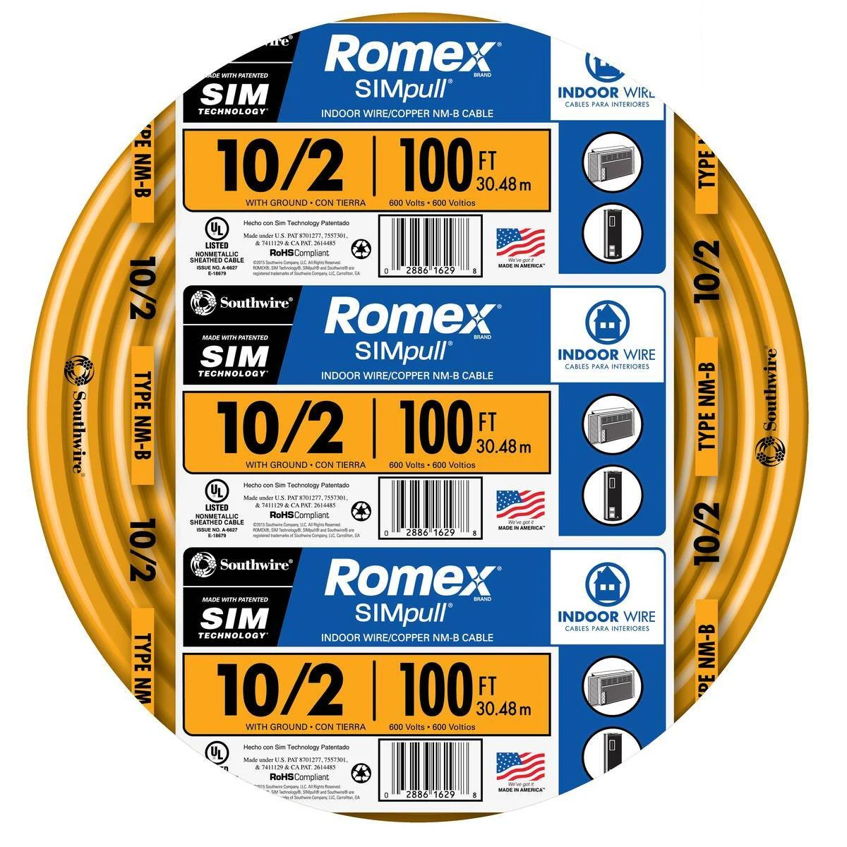 Southwire 100-ft 10/2 Romex SIMpull Solid Indoor CU NM-B W/G Individual Pack (By-the-roll) 28829028