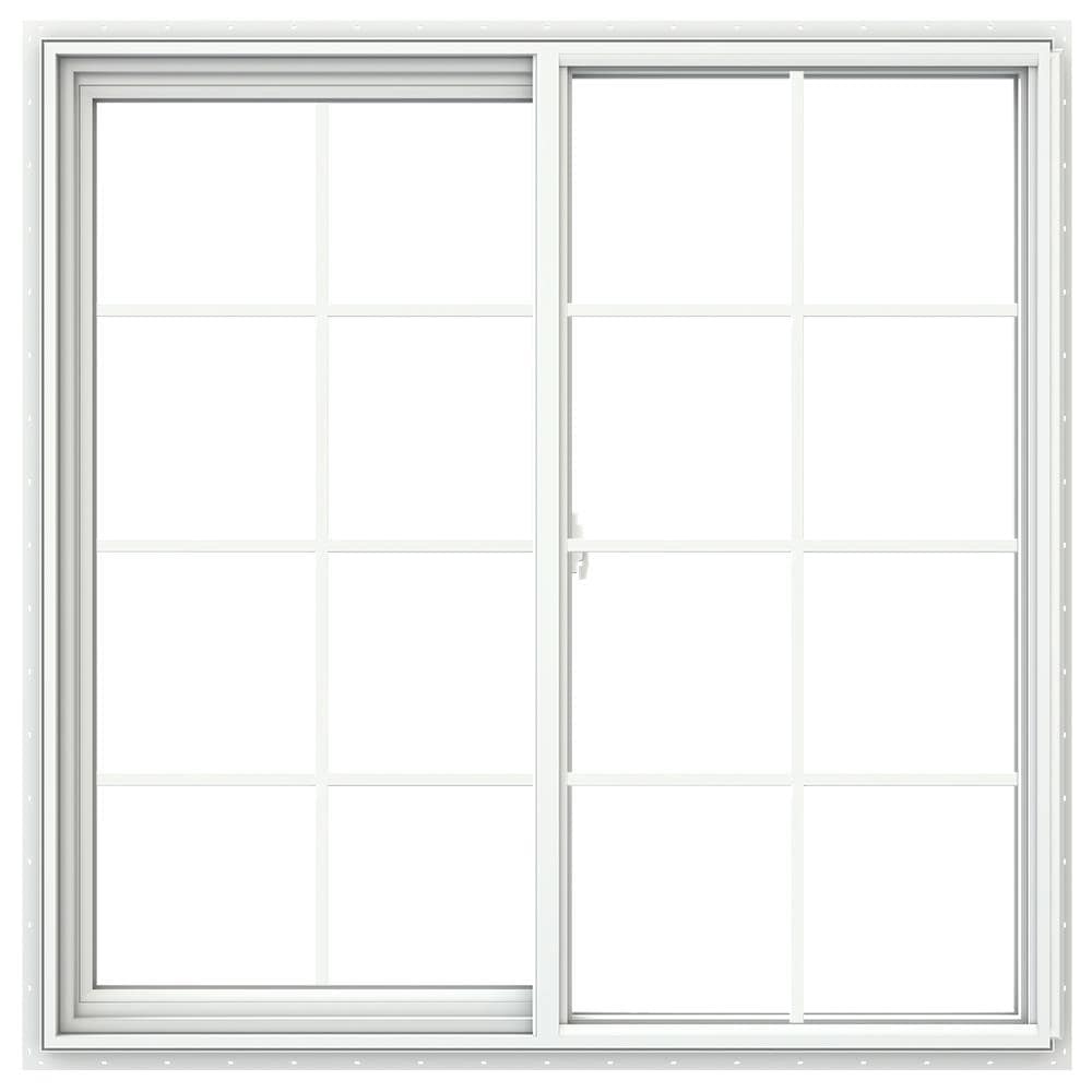 JELD-WEN V-2500 47-1/2-in x 47-1/2-in White Exterior White Interior Left-Handed Vinyl Sliding Window Double strength with Grids (Full Screen Included)