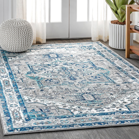JONATHAN  Y MODERN PERSIAN Vintage 10 x 13 (ft) Light Gray/Blue Rectangular Indoor Medallion Persian Pet Friendly Area rug