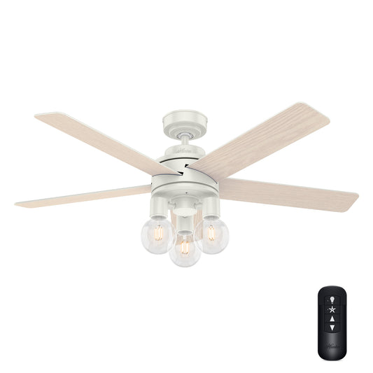 Hunter Hardwick 52-in Downrod or Flush Mount Fresh White with White Washed Oak Blades Ceiling Fan With Light - Remote Included ( 5 -Blade ) 2366503