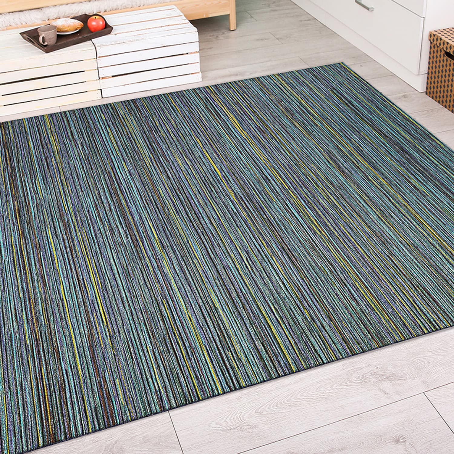Couristan Cape 7 x 10 (ft) Loomed Polypropylene Teal-Cobalt Rectangular Indoor/Outdoor Stripe House Wahable Pet Friendly Area rug