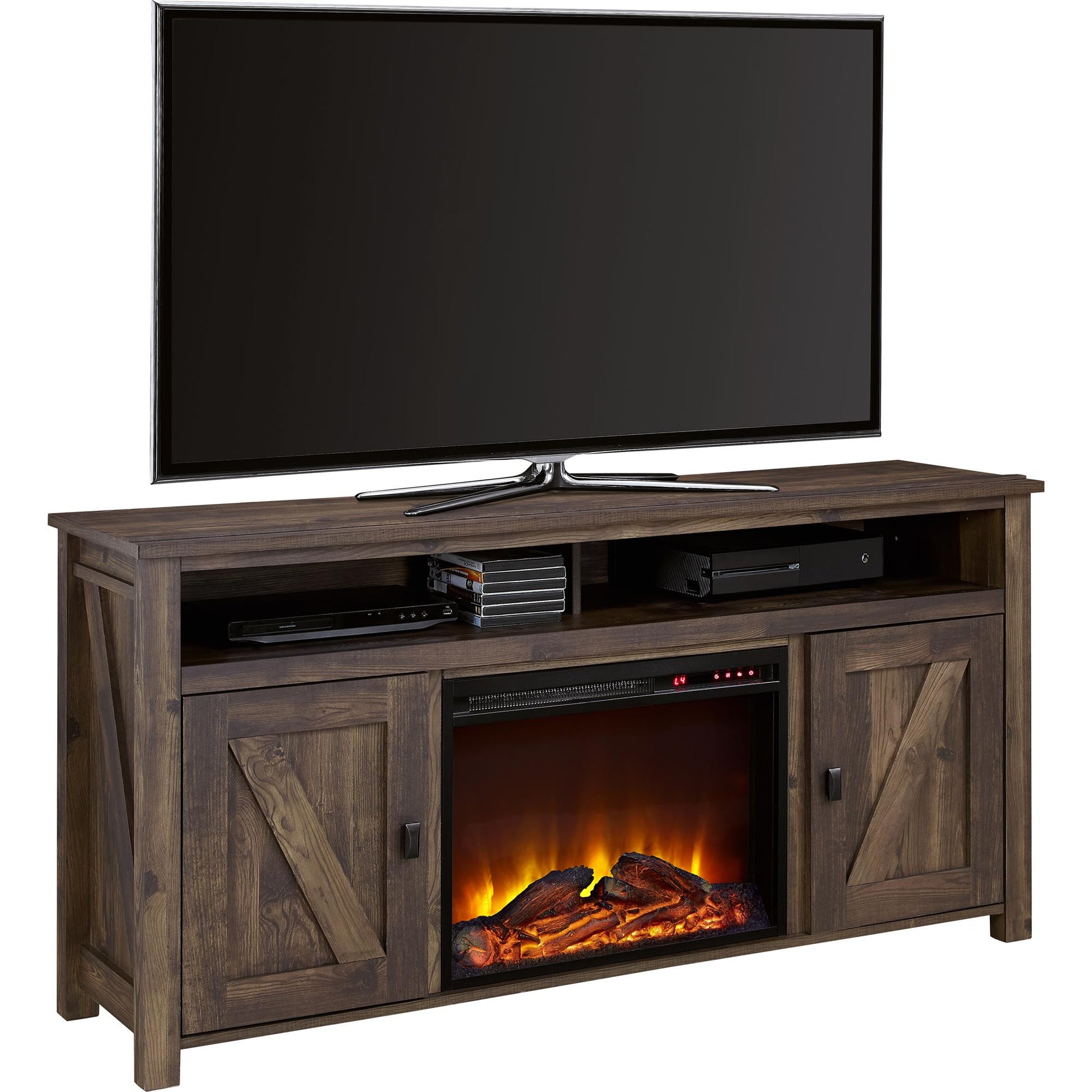 Ameriwood Home 59.61-in W Rustic TV Stand with Fan-forced Electric Fireplace 1795096COM