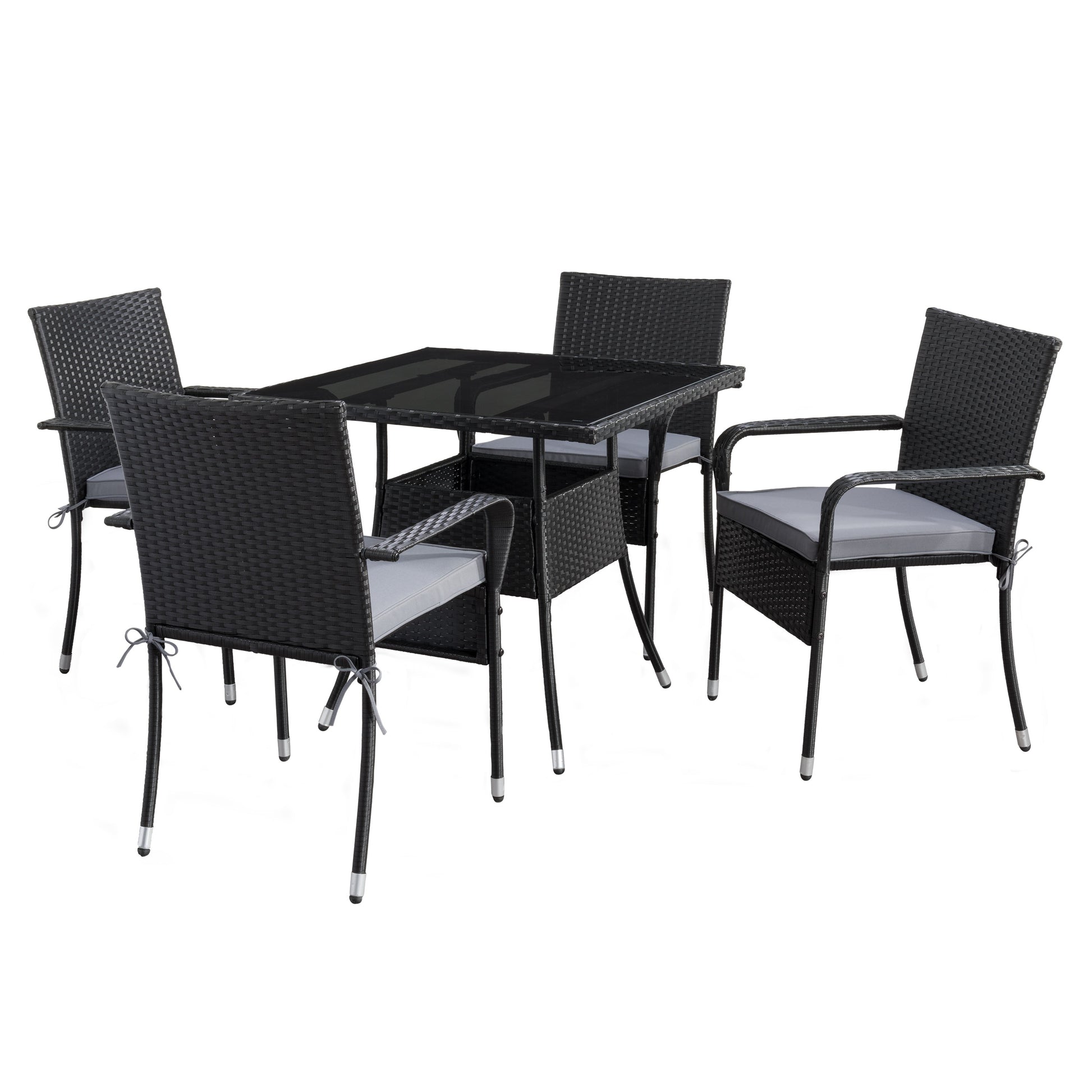 CorLiving Parksville 5 -Piece Black Rattan Patio Dining Set Steel Square Table with 4 Gray Cushions Stackable Stationary Chairs