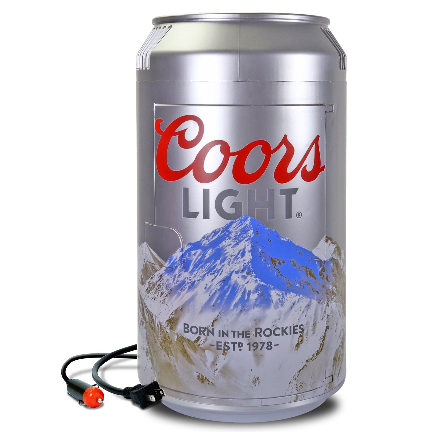 Coors Light 8 Can Portable Mini Fridge w/ 12V DC and 110V AC Cords, 5.4L (5.7 qt) Beer Can Shaped Personal Cooler, Silver, Travel Fridge for Beer, Snacks, Lunch, Drinks, Home, Office, Bar, Dorm, RV