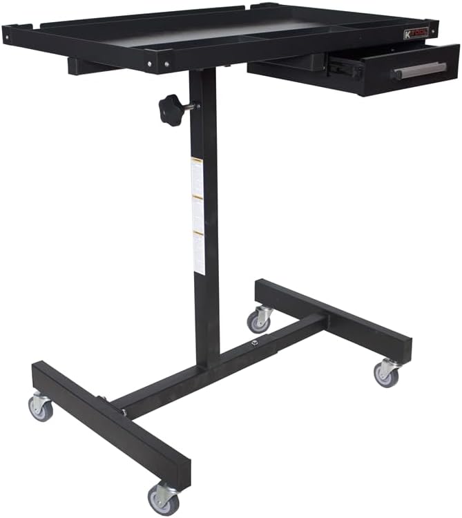 K Tool International 75107 Adjustable Tear Down Work Table with Drawer for Garages, Repair Shops, and DIY, Portable, (4) 2" Swivel Casters, 200 Pound Capacity, Rubber Corners, Heavy Duty Steel, Black