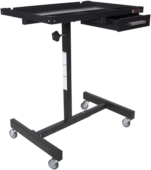 K Tool International 75107 Adjustable Tear Down Work Table with Drawer for Garages, Repair Shops, and DIY, Portable, (4) 2" Swivel Casters, 200 Pound Capacity, Rubber Corners, Heavy Duty Steel, Black