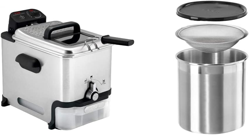 T-fal Deep Fryer with Basket, Easy to Clean, Oil Filtration, 2.6-Pound, Silver, Model FR8000 & OGGI Cooking Grease Container, 4 Quart, Stainless Steel