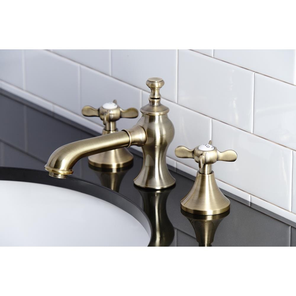 Kingston Brass Essex Antique brass 8-in widespread 2-handle Low-arc Residential Handle Bathroom Sink Faucet with Drain