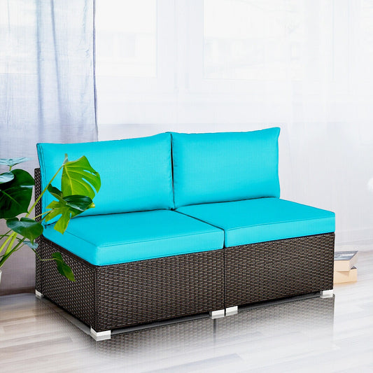Clihome Rattan Outdoor Sofa with Blue Cushions and Steel Frame