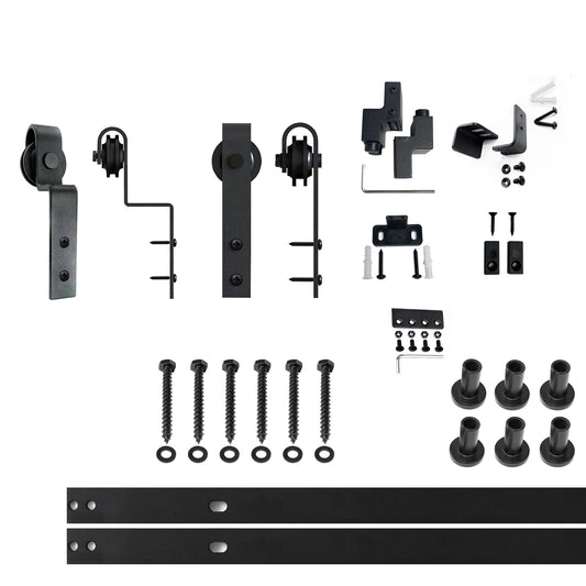 HOMACER 96-in Rustic Black Indoor J-strap Double Bypass Barn Door Hardware Kit YT5TGH096M