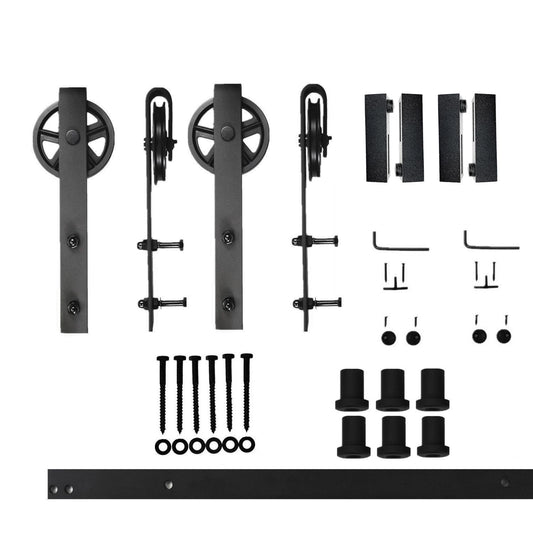 HOMACER 96-in Rustic Black Indoor Spoke Wheel Double Barn Door Hardware Kit HL2TGH096C