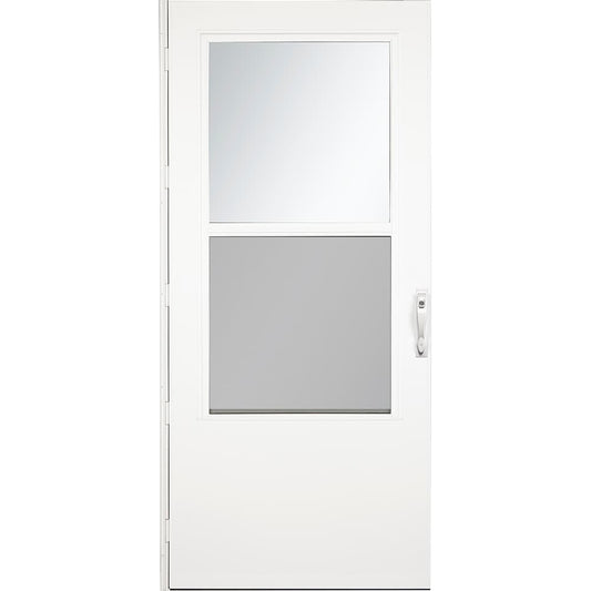 Comfort-Bilt 20+ Midview 30-in x 81-in White Wood core Reversible Hinge Storm Door with Self-storing Screen ( White Handle Included )