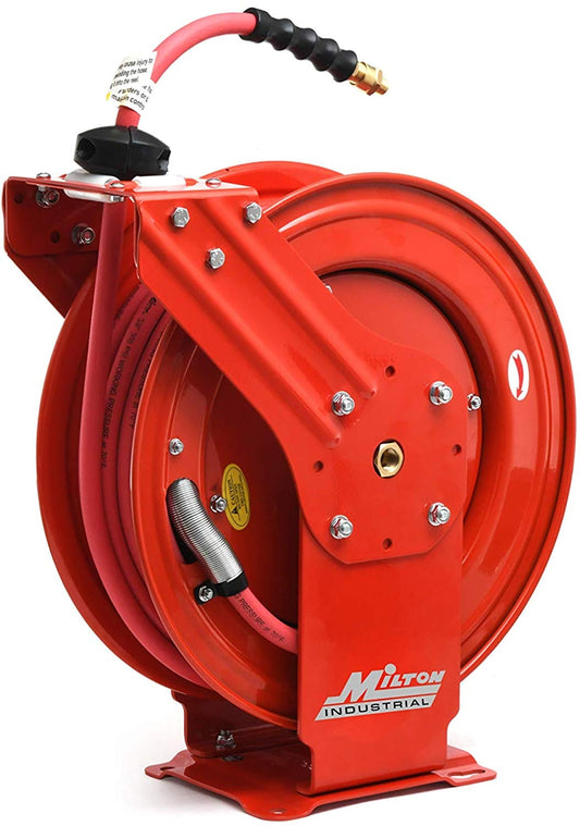 Milton Industrial Strength Auto- Retractable Air Hose Reel Steel Dual Arm, 1/2" Mnpt x 50 Ft. Hybrid Rubber Hose- 300 Max Psi 2790-50D