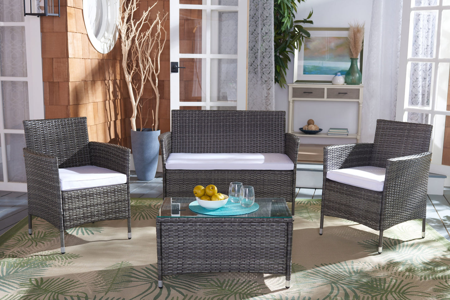 Safavieh Bandele 4 -Piece Wicker Patio Conversation Set with White SAFAVIEH Cushions