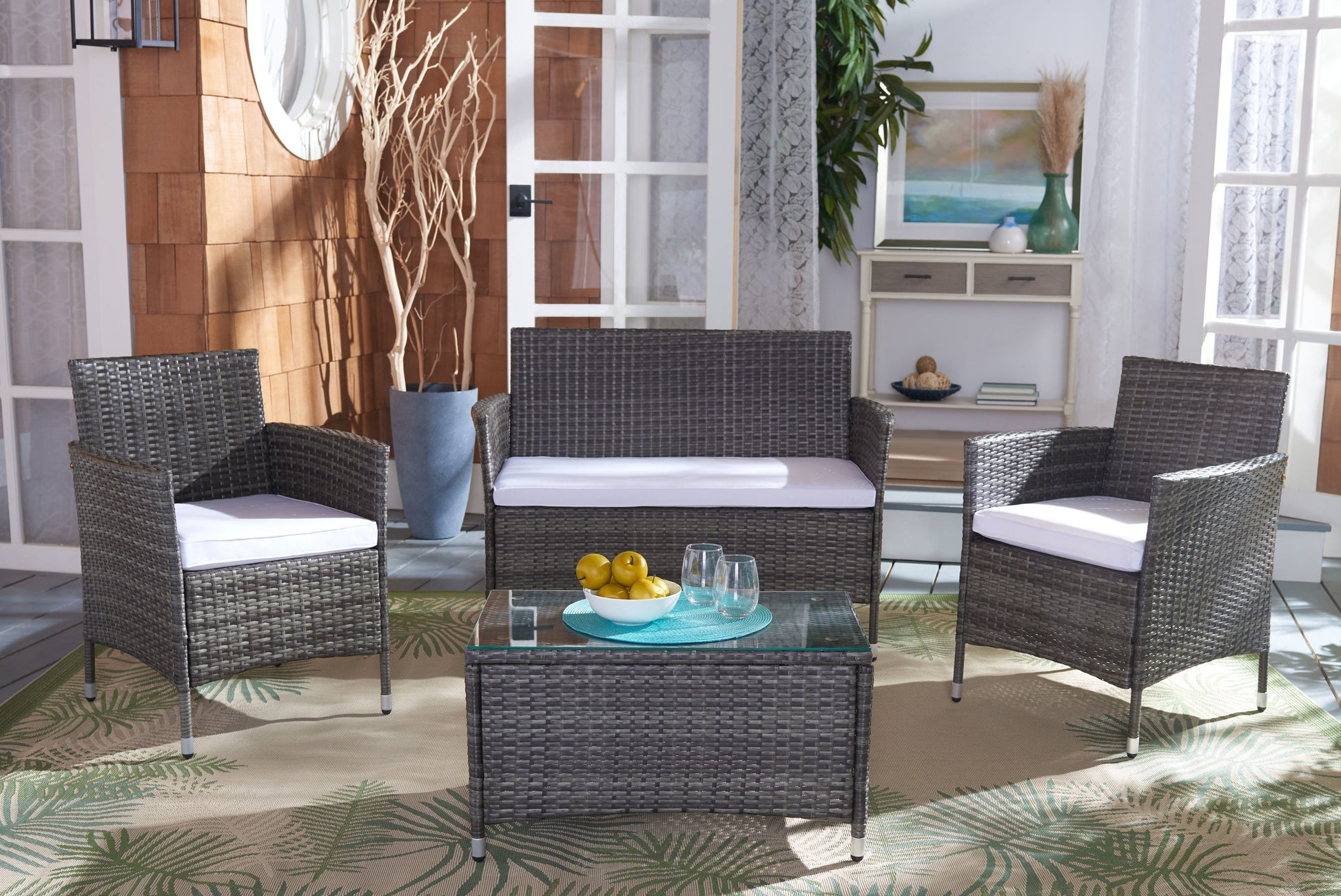 Safavieh Bandele 4 -Piece Wicker Patio Conversation Set with White SAFAVIEH Cushions