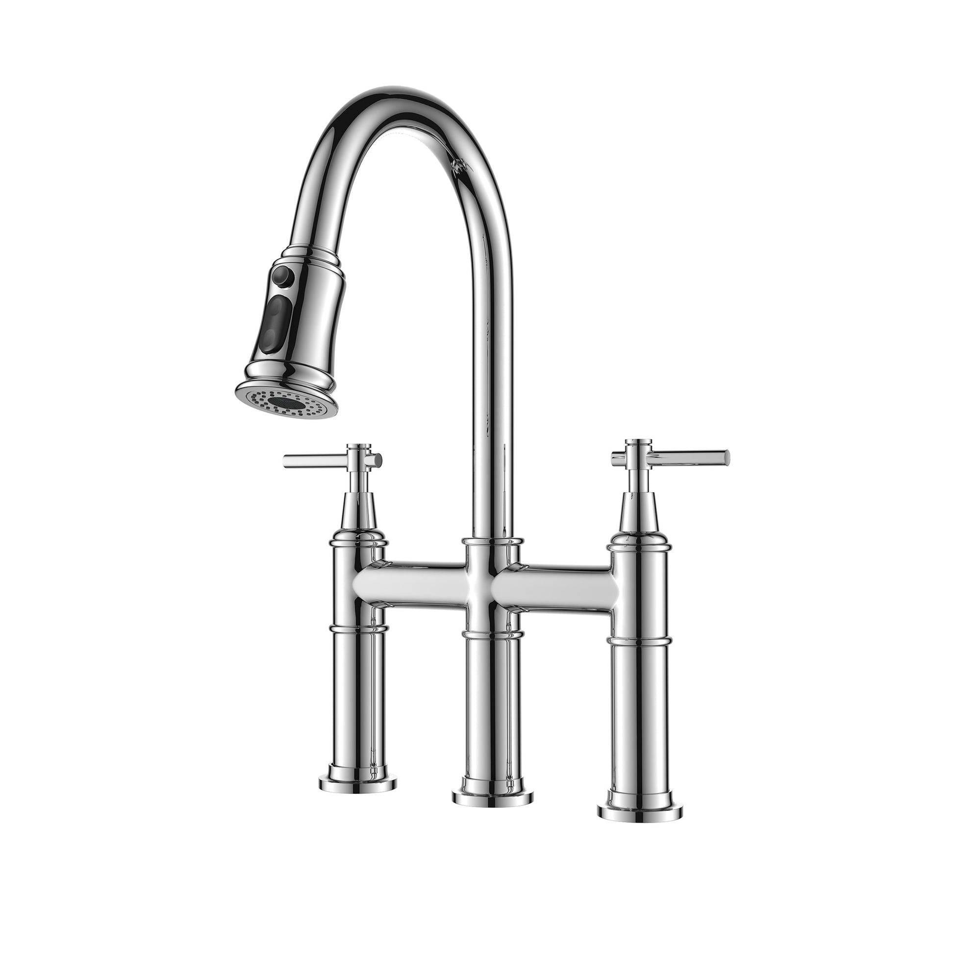 WELLFOR DT Pull Down 2 Handle Kitchen Faucet Brushed Stainless Steel Double Handle Deck-mount Pull-down Kitchen Faucet with Sprayer