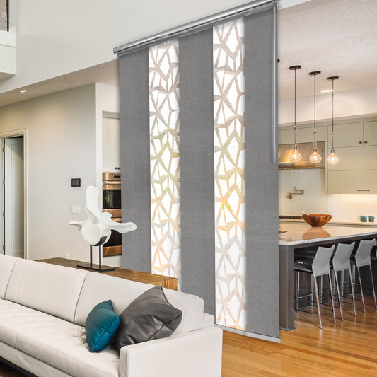 Hart & Harlow 5-Panel Single Rail 15.75-in Slat Width 70-in x 91.4-in Cordless Lattice, Stonington Fabric Light filtering Panel track blinds