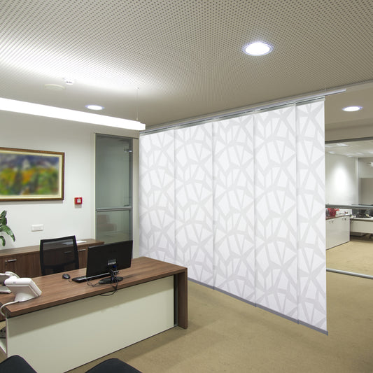 Hart & Harlow 5-Panel Single Rail Panel Track 58-110-in W 0.2-in Slat Width 23.5-in x 116.0-in Cordless Lattice Aluminum Light filtering Vertical blinds