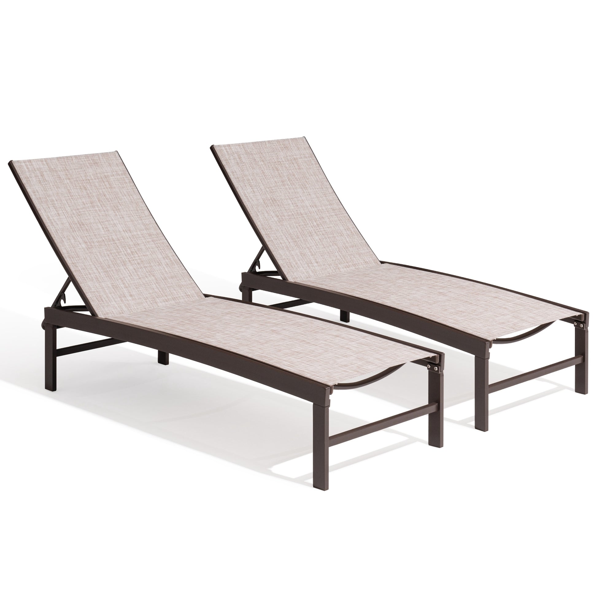 Crestlive Products Outdoor Patio Adjustable Chaise Lounge Chair Set of 2 Brwon Aluminum Frame Stationary Chaise Lounge Chair with Off-white Texteline Sling Seat