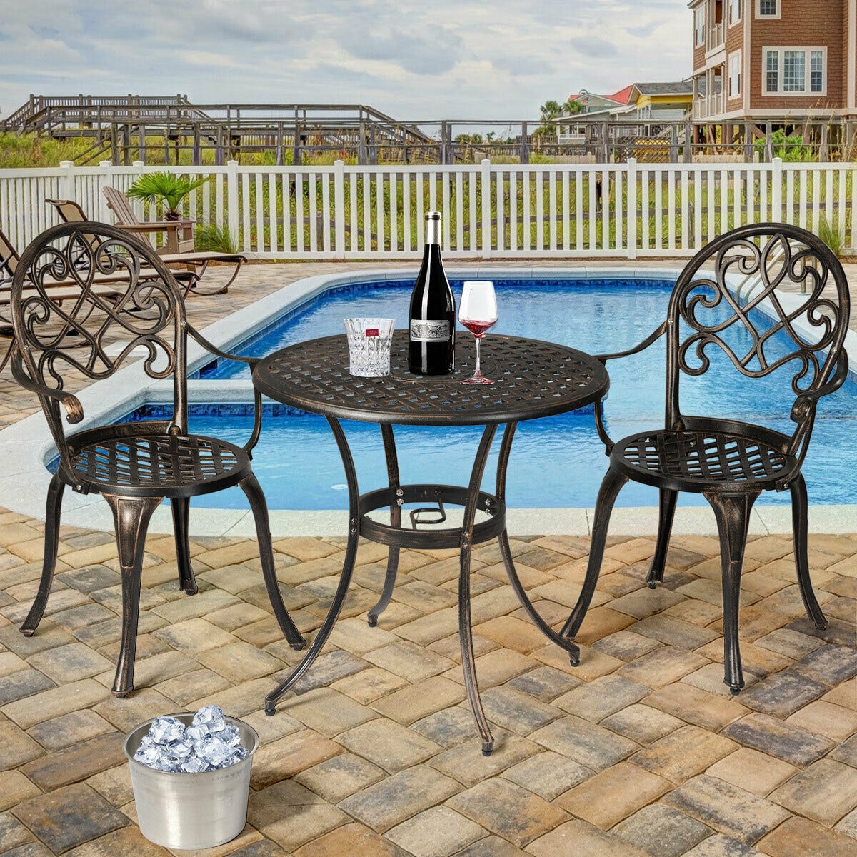 Clihome Patio Furniture Set 3 -Piece Bronze Bistro Patio Dining Set Aluminum Round Table with 2 Stationary Chairs
