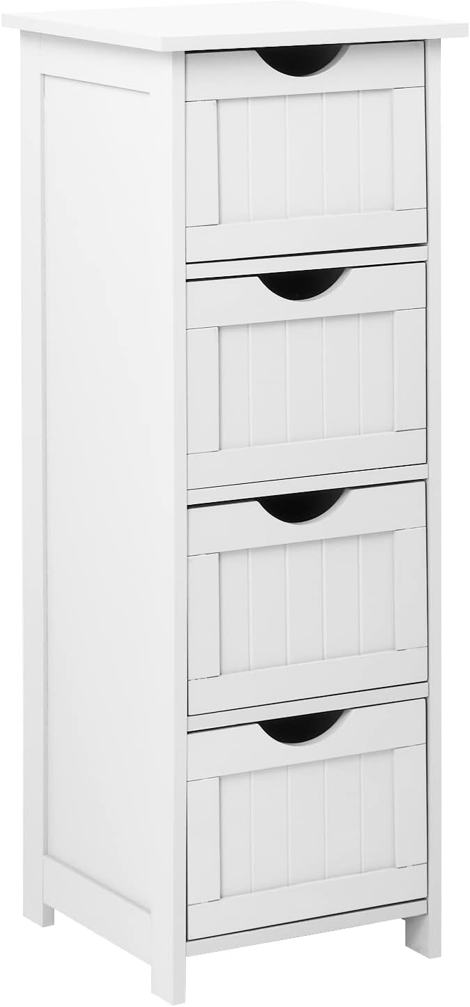 VINGLI White Bathroom Storage Cabinet with 4 Drawers Wooden Freestanding Slim Bathroom Floor Cabinet Small Side Organizer Storage Unit for Restroom Livng Room Kitchen Office Hallway Entryway