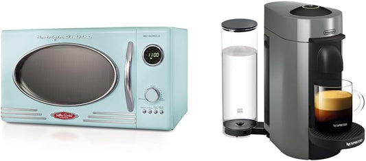 Nostalgia Retro Countertop Microwave Oven - Large 800-Watt - 0.9 cu ft & Nespresso VertuoPlus Coffee and Espresso Machine by De'Longhi, 5 Fluid Ounces, Grey