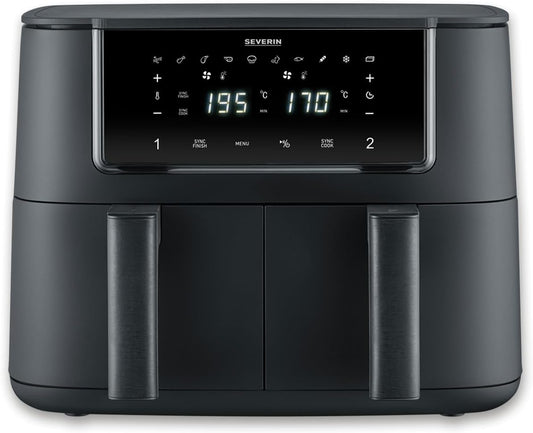 SEVERIN Hot air fryer double cooking zone, Air fryer 10 programs, Oil-free fryer with 2 4 L baskets without PFAS, Touch screen multicooker, Black, FR 2463