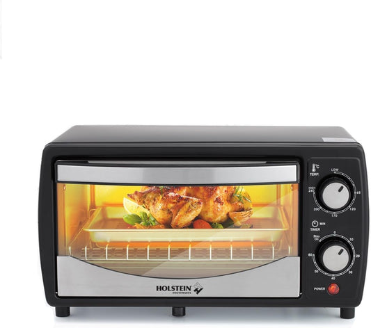 Holstein Housewares 4 Slice Countertop Toaster Oven with 60 Minute Timer Includes Pan and Wire Rack, Perfect for Baking, Broiling, and Toasting Compact Design in Sleek Black for Convenient Kitchen Use