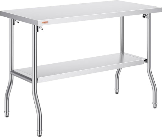 VEVOR Commercial Worktable Workstation 48 x 24 Inch Folding Commercial Prep Table, Heavy-duty Stainless Steel Folding Table with 772 lbs Load, Kitchen Work Table, Silver Stainless Steel Kitchen Island