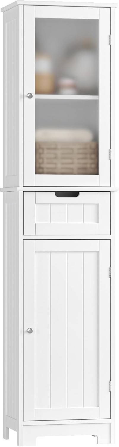 HOSTACK 67" Tall Bathroom Storage Cabinet, Freestanding Linen Bathroom Cabinet with Doors and Adjustable Shelf, Floor Narrow Kitchen Cupboard for Living Room, Home Office, White