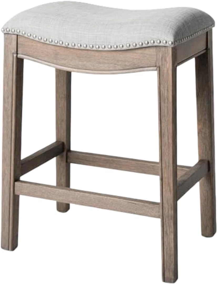 Maven Lane Adrien Backless Counter Stool \u2013 26 Inches \u2013 Saddle Stool with Footrest \u2013 Grey Solid Wood Frame & Grey Fabric Upholstery \u2013 Perfect for Kitchen Islands & Counters