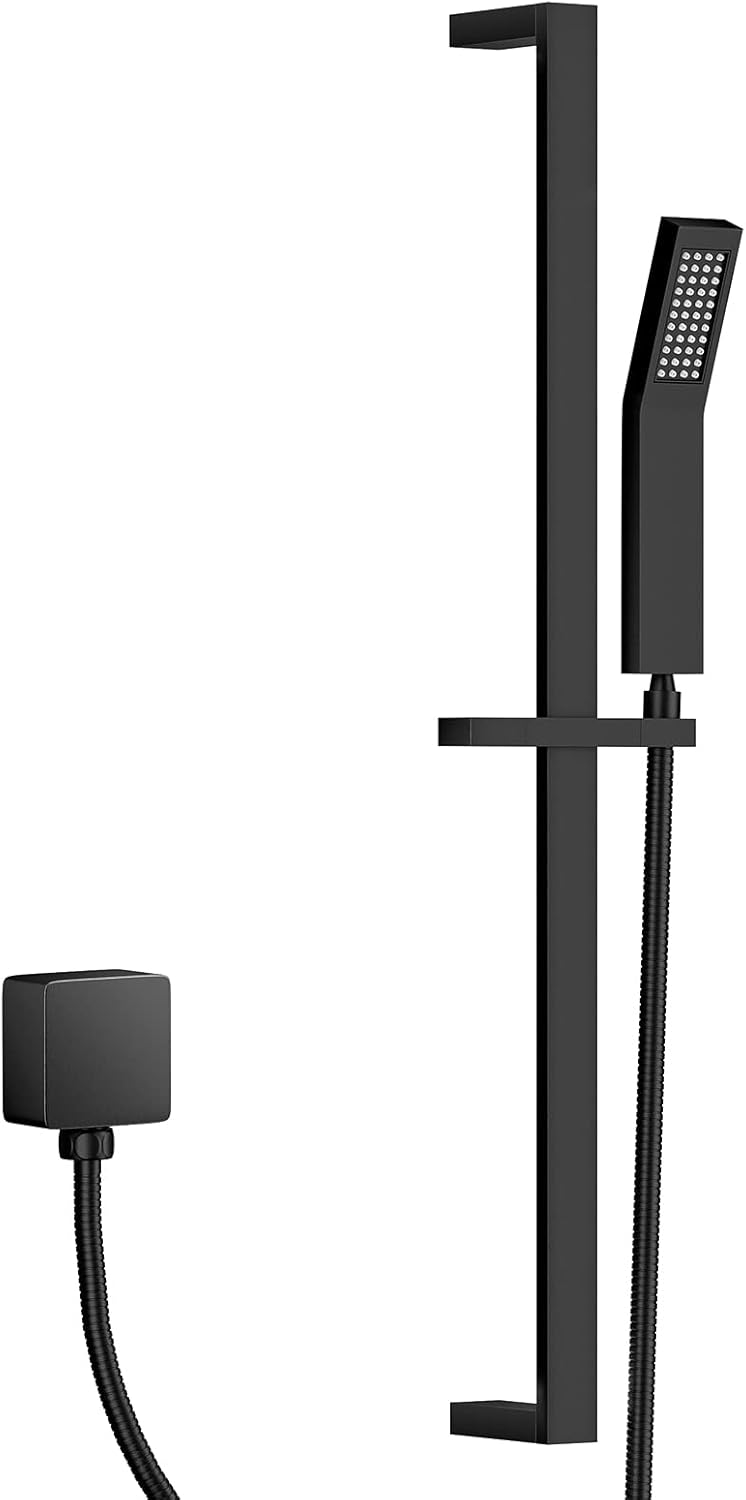 YUESIMATE Handheld Matte Black Square Shower Head with Solid Brass Slide Bar, Adjustable Height, 59.06-Inch Hose