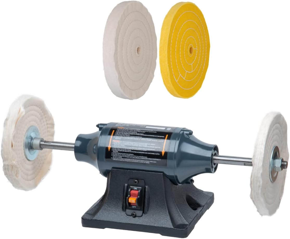 POWERTEC Bench Buffer Buffing Machine 8" Slow Speed Bench Grinder, Jewelry Buffer Polisher Machine, Includes 4PCs 80Ply Buffing Wheels | Long Shaft Benchtop Buffers Polishing Silver, Jewelry - BF800C