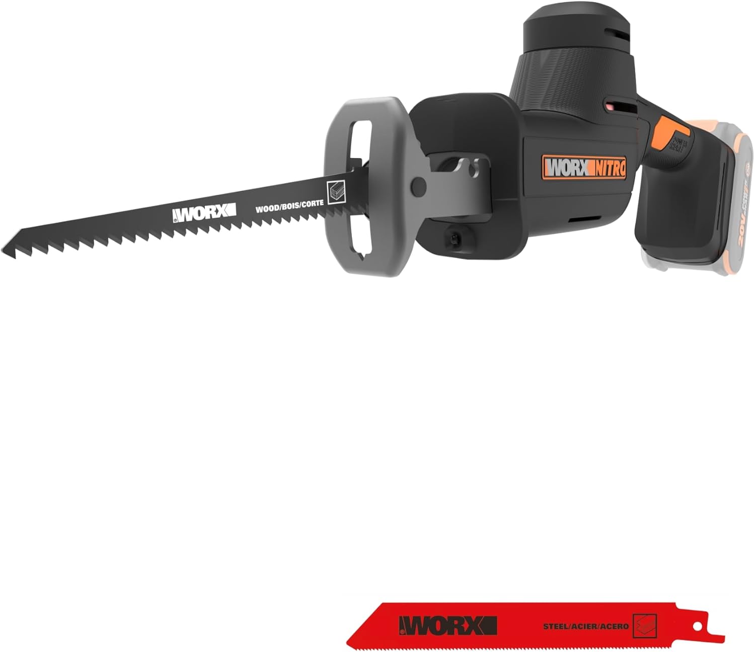 WORX 20V Compact Electric Cordless Reciprocating Saw, 1\u201D Stroke Length, Brushless Motor for 50% Longer Runtime, Lightweight Design for One-handed Operation \u2013Tool Only WX501L.9
