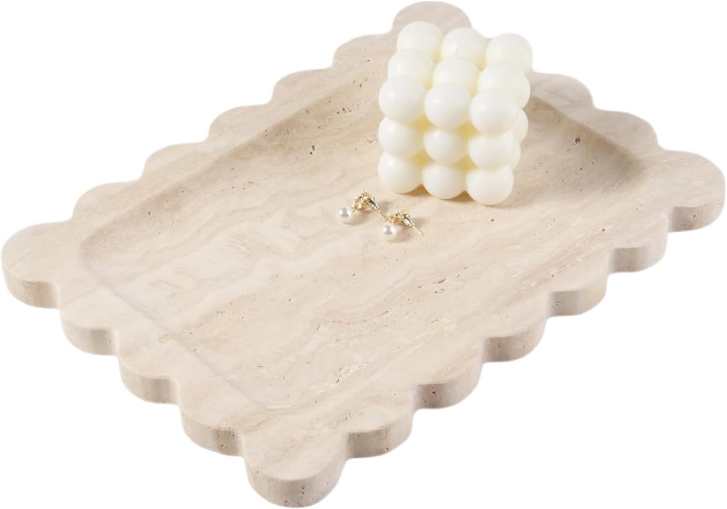 Koville Romano Travertine Vanity Tray, 11"x8" Natural Marble Decorative Scalloped Tray for Jewelry Cosmetics Perfume Trinket, Stone Organizer Trays for Countertop Bathroom Kitchen Dresser(Beige)