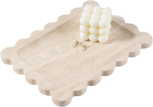 Koville Romano Travertine Vanity Tray, 11"x8" Natural Marble Decorative Scalloped Tray for Jewelry Cosmetics Perfume Trinket, Stone Organizer Trays for Countertop Bathroom Kitchen Dresser(Beige)