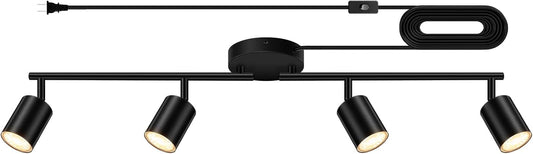 Plug in Track Lighting LED, Track Lighting Fixtures Ceiling, Black 4-Light Kitchen Light Kit, Plug in Wall Light with 14.8ft Power Cord, Rotatable Ceiling Spotlight for Bedroom(GU10 Socket, NO Bulb)